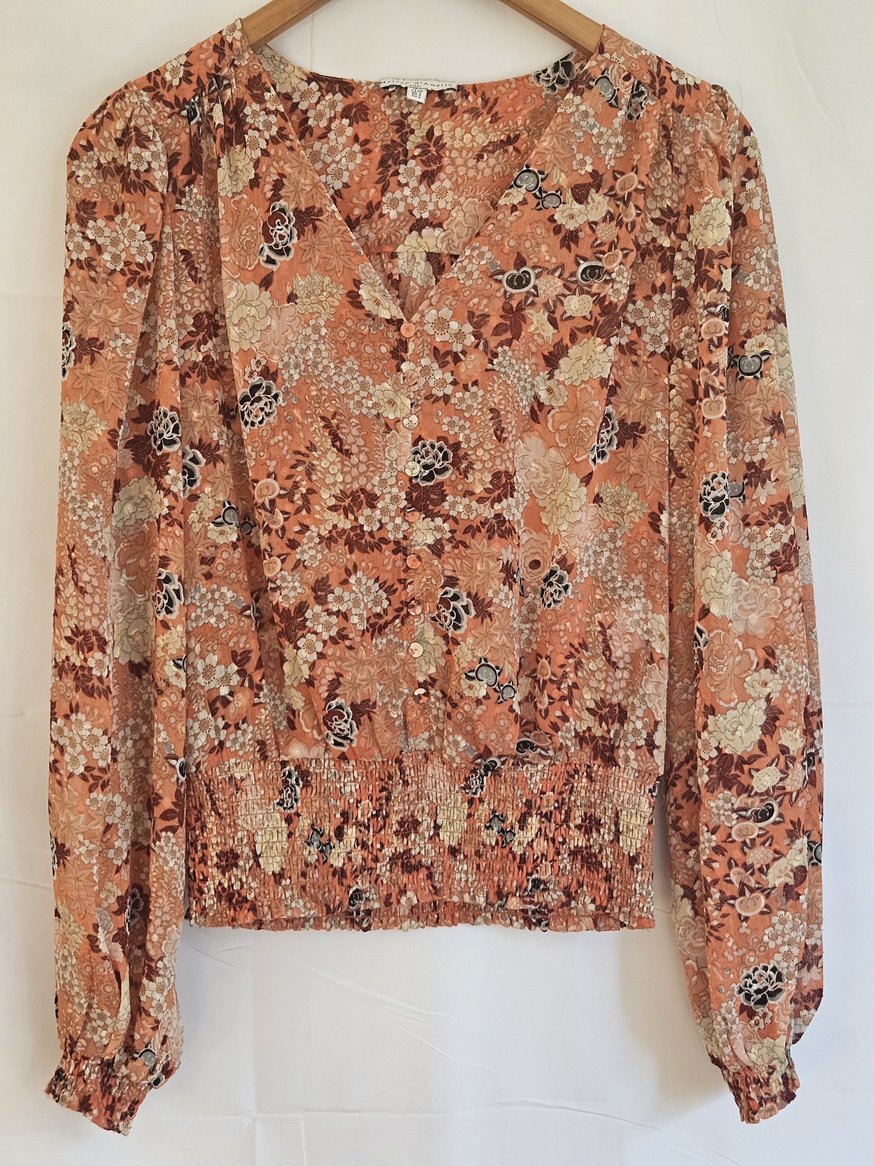 Floral V-Neck Smocked Hem Blouse - Peach Multi